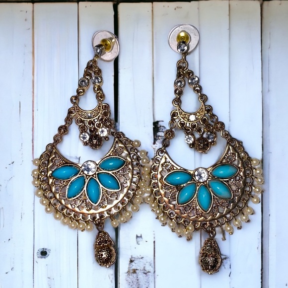 Chandelier Faux Turquoise Boho Bohemian Gold Tone Pearl Earrings - Picture 1 of 6